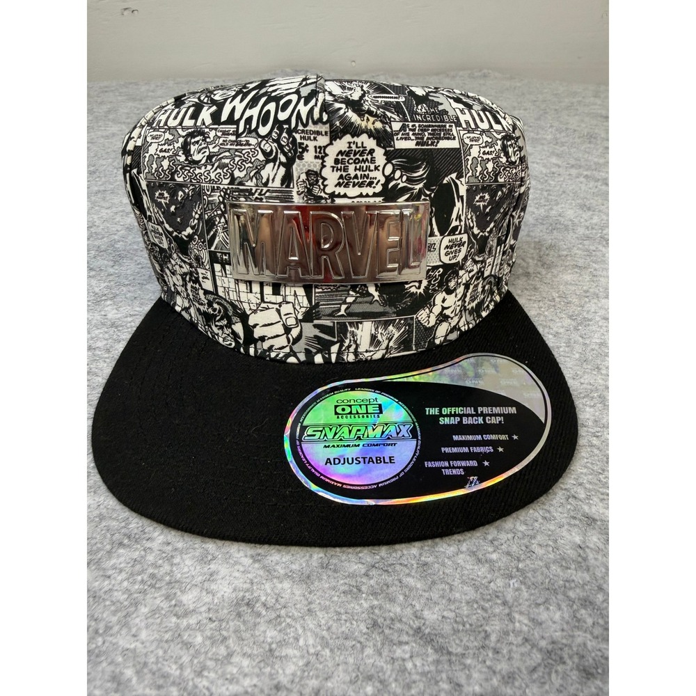 Marvel Comics Incredible Hulk Snapback Hat Black White Comic Print Chrome Logo